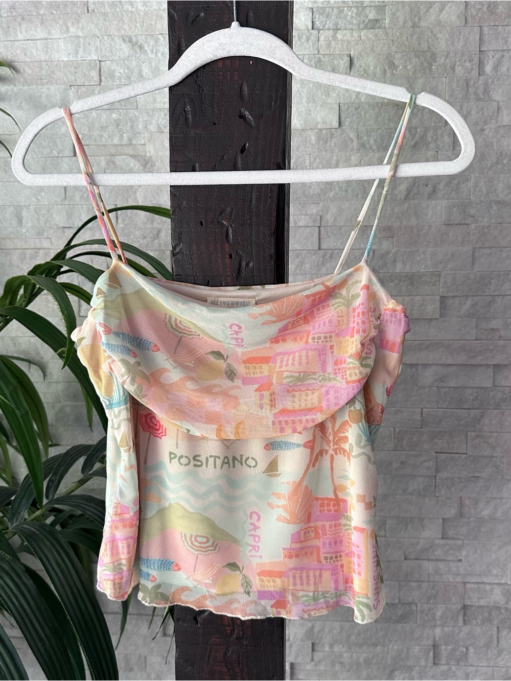 See You Monday Multicolor Positano Print Cowl Neck Babydoll Camisole Size L